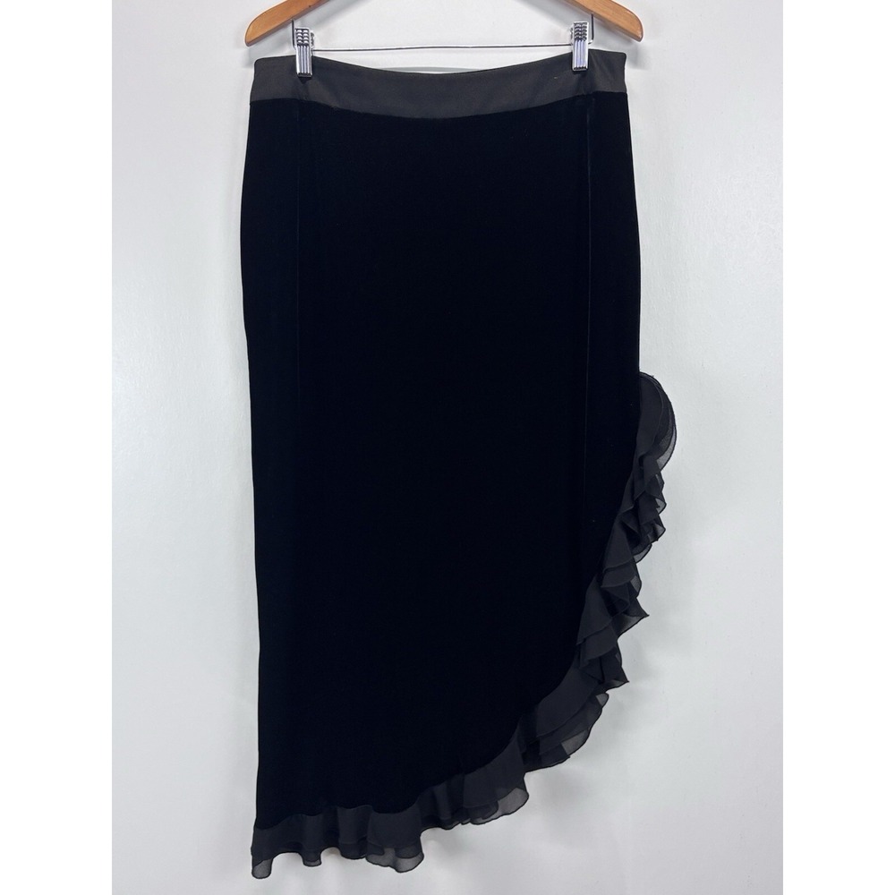 Vtg JS Collection Velvet Skirt Sz 16 Women's Black Chiffon Ruffle Trim Goth